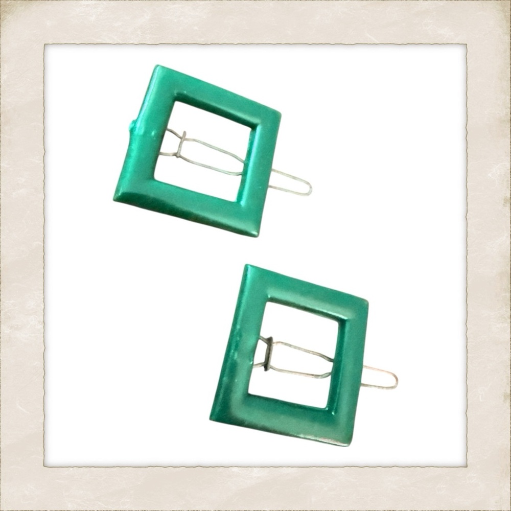 1960’s Green Square French Hair Clips Barrettes, Mod Accessories, Deadstock